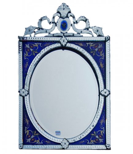 Miroir de Venise à fronton avec cadre en verre bleu émaillé vers 1880-1900