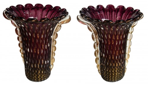 Paire de vases en cristal de Murano violine et or signés Toso