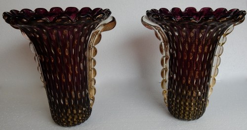 Verrerie, Cristallerie  - Paire de vases en cristal de Murano violine et or signés Toso