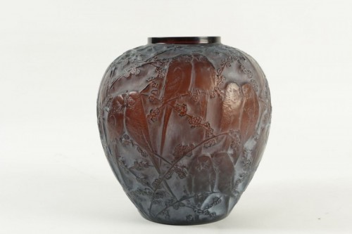 Antiquités - René Lalique - Vase" Perruches " Teinté Ambre