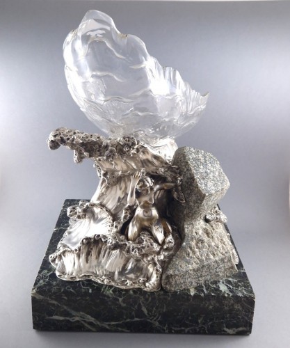 XXe siècle - Coupe en argent massif, cristal, marbre et pierre
