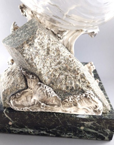 Antiquités - Coupe en argent massif, cristal, marbre et pierre