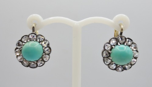 Antiquités - Boucles d'oreilles Napoléon III en diamants et turquoises