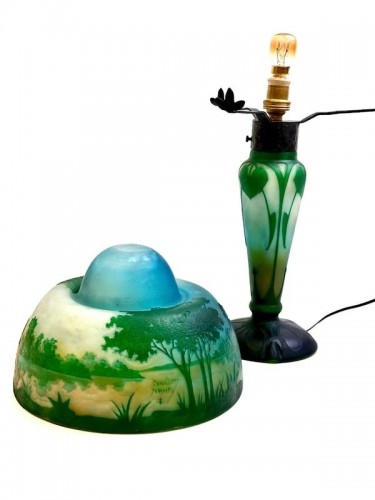 Art nouveau - Daum - Lampe champignon "Paysage Lacustre"