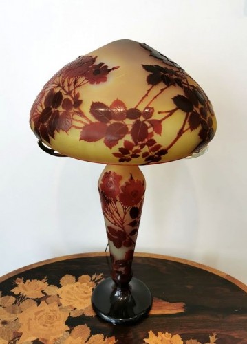Emile Gallé - Lampe champignon aux roses - Antiquités Art Nouveau