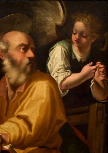 Tableaux et dessins Tableaux XVIIe siècle - Saint Matthieu et l'ange, Peintre actif en Lombardie, à Milan, au XVIIe siècle