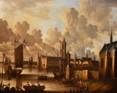 Vue Côtière Avec Ville Fortifiée, Peter Van Der Velde (anvers 1634 - C.1714) - Tableaux et dessins Style Louis XIII