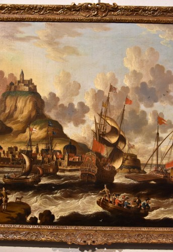 Vue côtière avec navires et château, Peter Van Der Velde (1634 - 1714) Monogrammé - Antichità Castelbarco