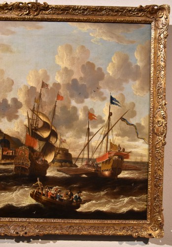 XVIIe siècle - Vue côtière avec navires et château, Peter Van Der Velde (1634 - 1714) Monogrammé