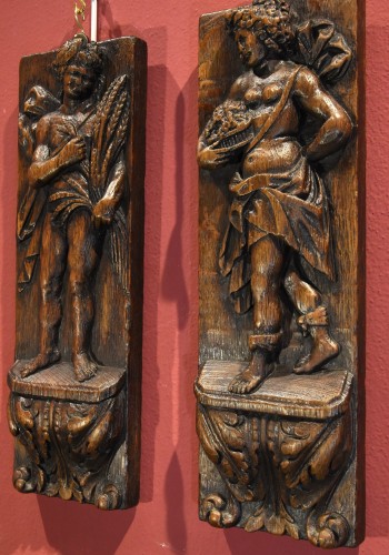 Antiquités - Paire de panneaux en bas-relief  allégorie du printemps et de l'automne, Flandres XVIIe Siècle