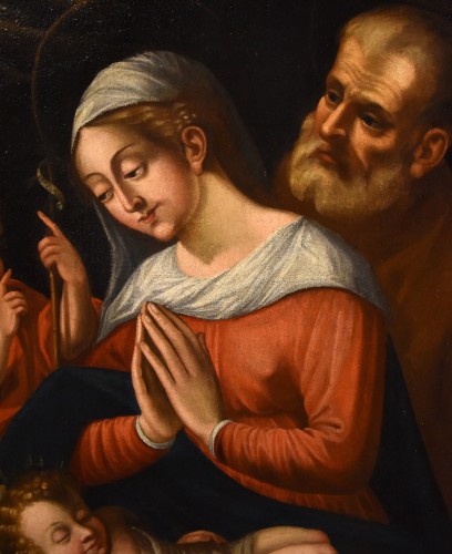 Antiquités - La Sainte Famille avec saint Jean-Baptiste , cercle de Battista Ramenghi (1521 - 1601)