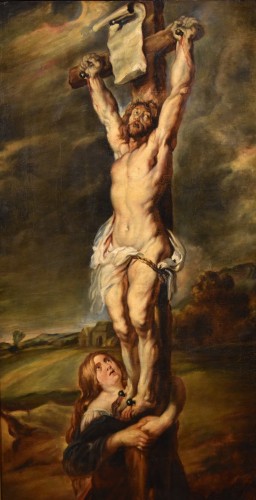 Christ crucifié avec Sainte Marie-Madeleine, Flandres 17e siècle - Tableaux et dessins Style Louis XIII