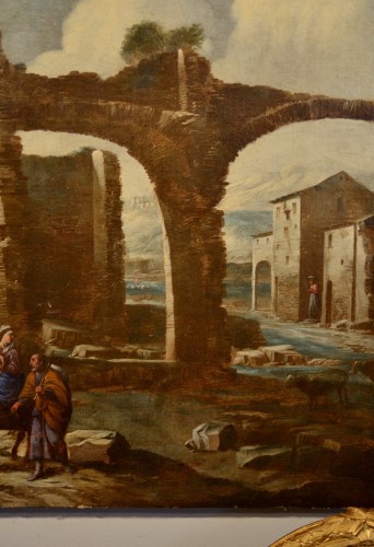 Antonio Travi dit "sestri" (1608 - 1665), Paysage avec ruines et scène biblique - Louis XIII