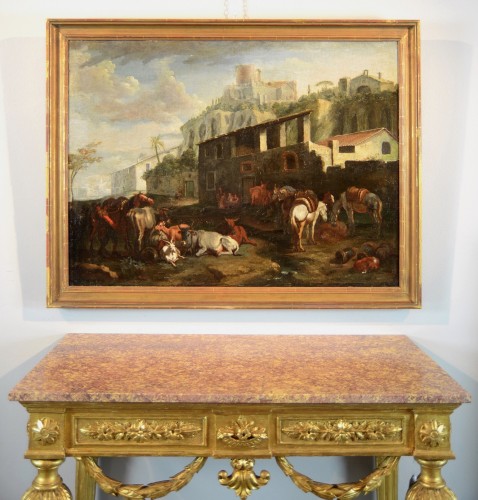 Antiquités - Pieter Van Bloemen (1674-1720), Vue de Rome avec une scène de campagne