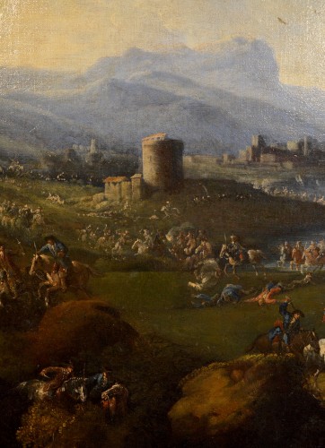 Antiquités - Pandolfo Reschi (1643 - 1699) - Paysage côtier avec château et scène de bataille