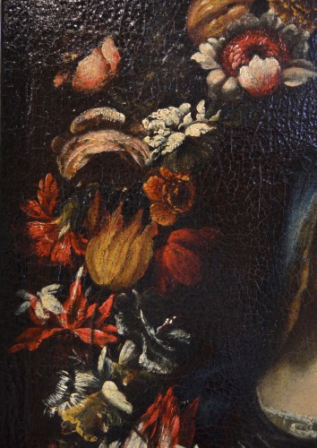 Antiquités - Guirlande de fleurs avec la Vierge, ateleier de Giovanni Stanchi (rome 1608 - 1675) 