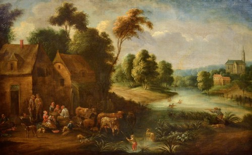 Paysage fluvial avec scène de village, Adrien Frans Boudewijns (1644-1711) - Tableaux et dessins Style Louis XIV