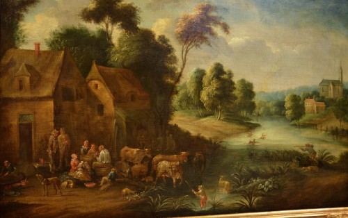Paysage fluvial avec scène de village, Adrien Frans Boudewijns (1644-1711) - Antichità Castelbarco