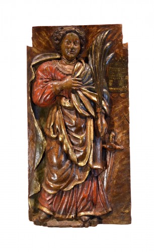 Panneau en haut-relief représentant Sainte-Barbe, Sud de la France 16e/17e Siècle
