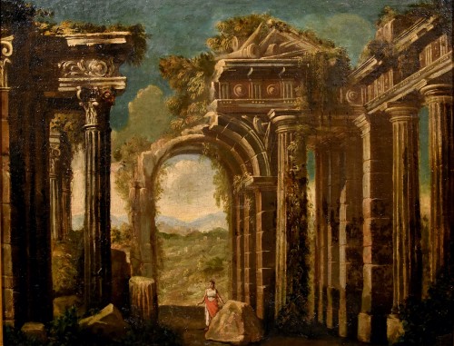 Paire de caprices architecturaux, école romaine fin XVIIe début XVIIIe siècle - Antichità Castelbarco