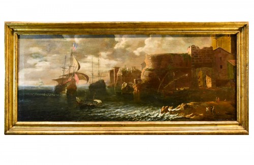 Vue côtière avec bateaux et personnages, atelier de  Francesco Antoniani (1700-1775)