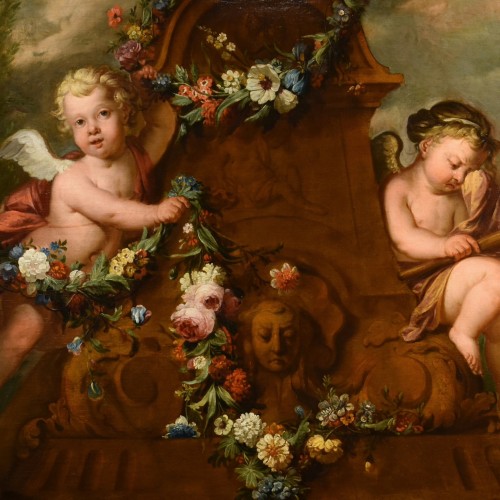 Tableaux et dessins Tableaux XVIIIe siècle - Couple de Cupidons avec guirlande de fleurs - École hollandaise du 18e siècle