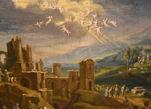 Louis XIII - Paysage fantastique avec la Nativité du Christ Scipione Compagno (naples 1624 - 1680