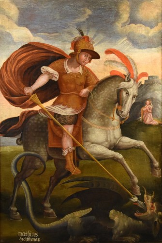 Saint Georges et le dragon, peintre italien du 17e siècle - Tableaux et dessins Style Louis XIII