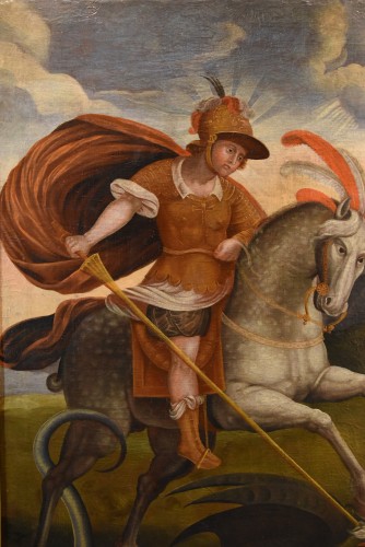 Saint Georges et le dragon, peintre italien du 17e siècle - Antichità Castelbarco