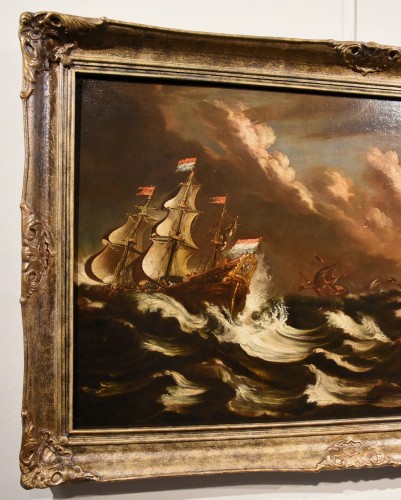 Antiquités - Marine orageuse avec des navires -  Matthieu Van Plattenberg (1608 - Paris 1660)