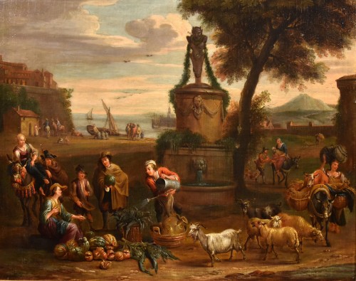 Alexander Van Bredael (1663 - 1720), Paysage côtier italien avec scène de marché