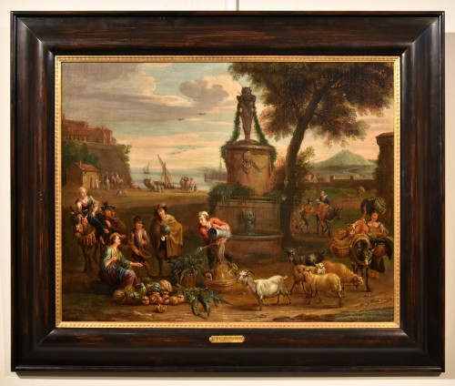 Alexander Van Bredael (1663 - 1720), Paysage côtier italien avec scène de marché - Tableaux et dessins Style Louis XIV