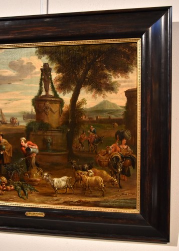 Alexander Van Bredael (1663 - 1720), Paysage côtier italien avec scène de marché - Antichità Castelbarco