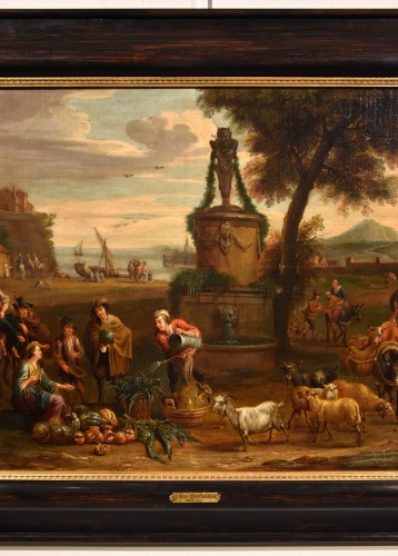 XVIIe siècle - Alexander Van Bredael (1663 - 1720), Paysage côtier italien avec scène de marché