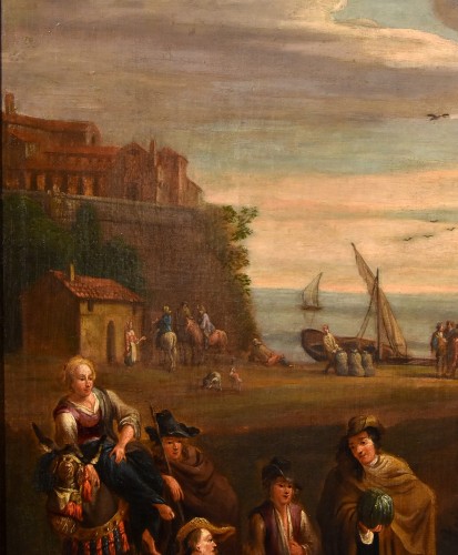 Alexander Van Bredael (1663 - 1720), Paysage côtier italien avec scène de marché - Louis XIV