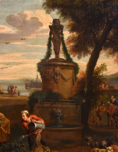 Louis XIV - Alexander Van Bredael (1663 - 1720), Paysage côtier italien avec scène de marché