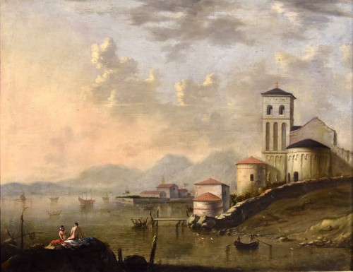 Paysage côtier de la Méditerranée, Peintre Flamand actif en Italie au XVIIIe siècle