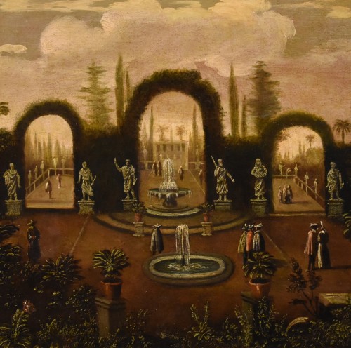 Tableaux et dessins Tableaux XVIIe siècle - Jardin à l'italienne dans une villa, Peintre flamand actif à Rome aux XVIIe et XVIIIe siècles