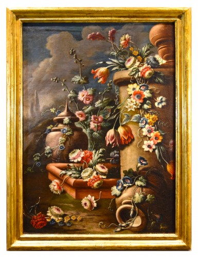 Nature morte avec compositions florales dans un jardin, Francesco Lavagna (1684 - 1724)
