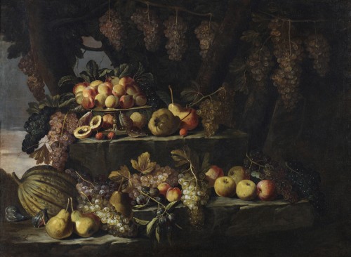 Maître romain, du XVIIe siècle Nature morte de fruits à l'extérieur - Tableaux et dessins Style Louis XIV