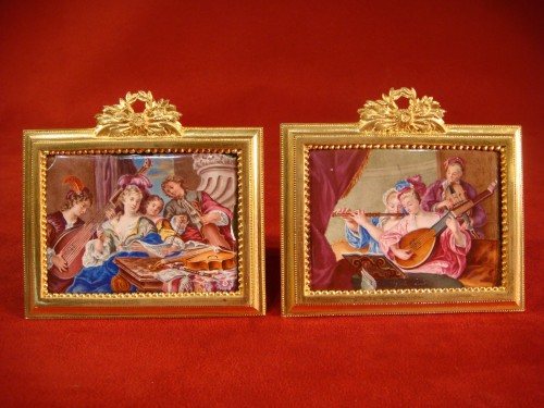 Objets de Vitrine Miniatures - Paire de miniatures sur émail - Salon de musique