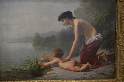 Régnier (1835- 1909) - Femme et enfant au bord d'un étang - Tableaux et dessins Style Napoléon III