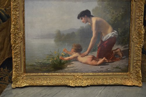 Antiquités - Régnier (1835- 1909) - Femme et enfant au bord d'un étang
