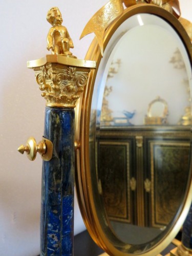 Antiquités - Miroir spyché en bronze et marqueterie de pierre dure