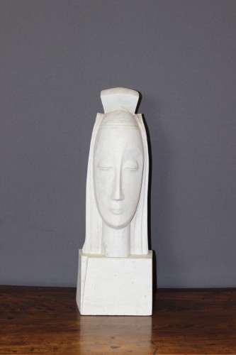 Plâtre représentant représentant une tête de femme stylisée - Objet de décoration Style Art Déco