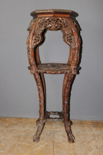 Importante sellette Chinoise en bois de fer et marbre - Arts d