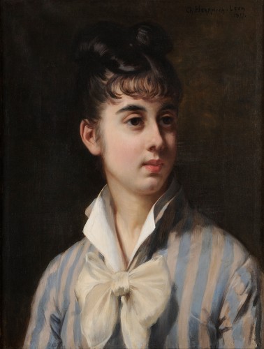 Charles Hermann-Léon (1838-1908) - Portrait de jeune femme au nœud blanc - Tableaux et dessins Style Napoléon III