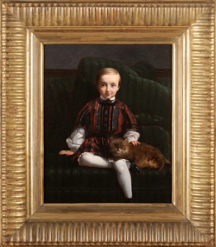 Charles Fréchou (1820-1900) - Portrait d’enfant au chat - Tableaux et dessins Style Louis-Philippe