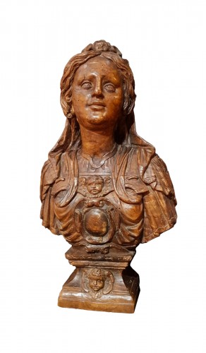 Buste reliquaire d'une femme en noyer sculpté, Italie fin XVIe, début XVIIe siècle