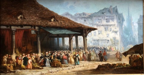 Léonard saurfelt (1840-1890) - Jour de marché animé en Normandie - Tableaux et dessins Style Louis-Philippe